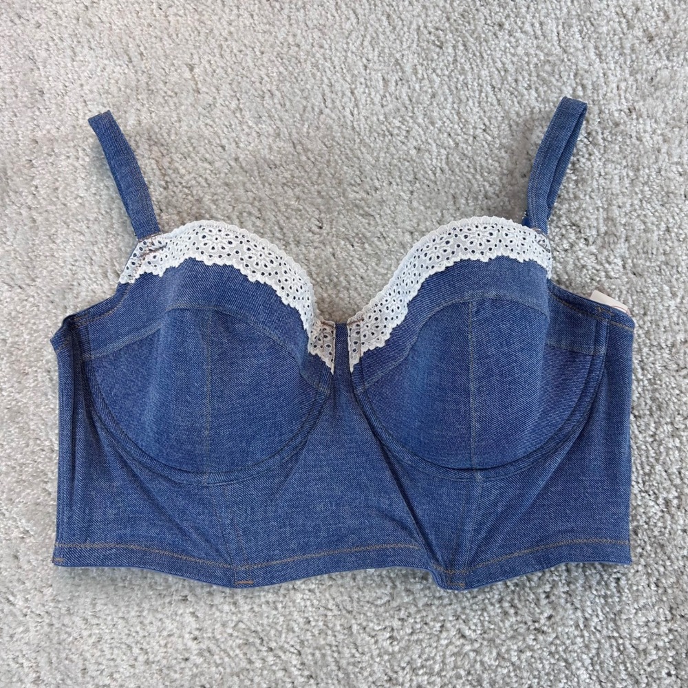 Colsie Denim Look Lace Trim Bustier Crop Top Dark Blue XL NWT